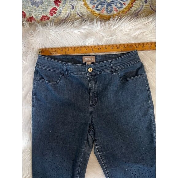 Chico's Womens Ankle Skinny Jeans Blue Pockets Rhinestone Medium Wash Denim 10 - Picture 7 of 8